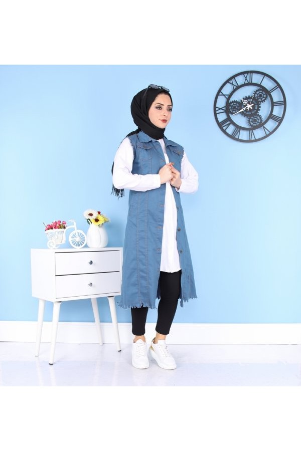 Cepli Uzun Renkli Kot Yelek  Petrol Mavi