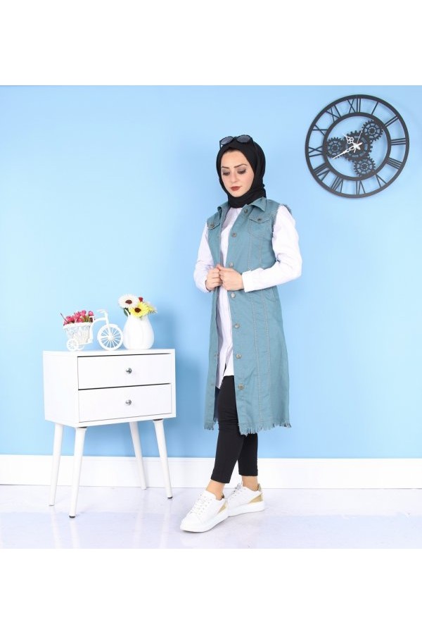 Cepli Uzun Renkli Kot Yelek  Petrol Yeşili