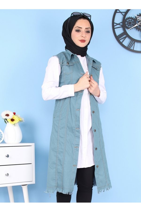 Cepli Uzun Renkli Kot Yelek  Petrol Yeşili