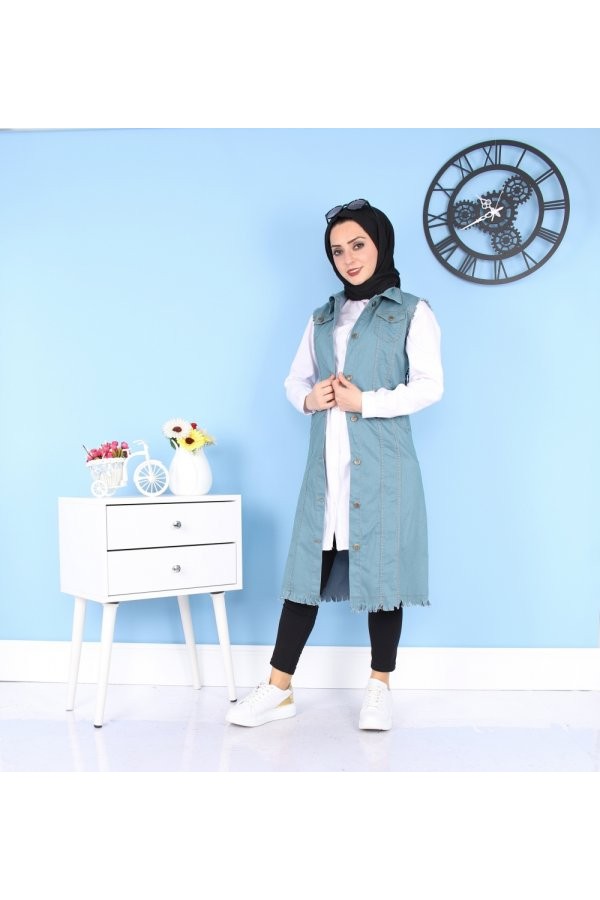 Cepli Uzun Renkli Kot Yelek  Petrol Yeşili