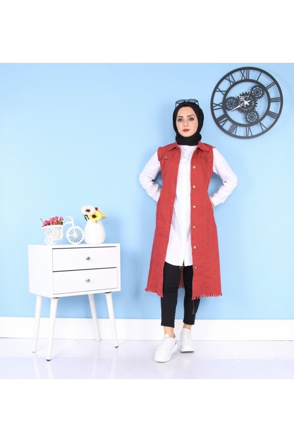 Cepli Uzun Renkli Kot Yelek  Bordo