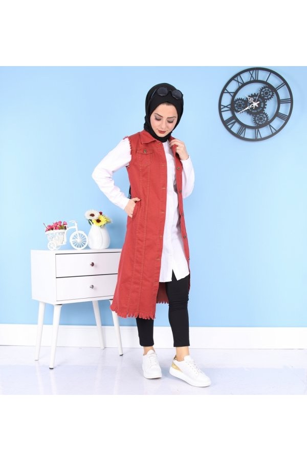 Cepli Uzun Renkli Kot Yelek  Bordo