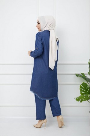 Büyük Beden Gizli Düğmeli Dar Paçalı Kot Takım  Koyu Mavi
