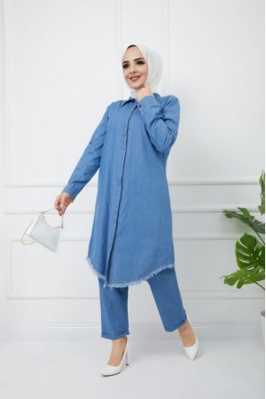 Büyük Beden Gizli Düğmeli Dar Paça Pantolonlu Kot Takım  Açık Mavi