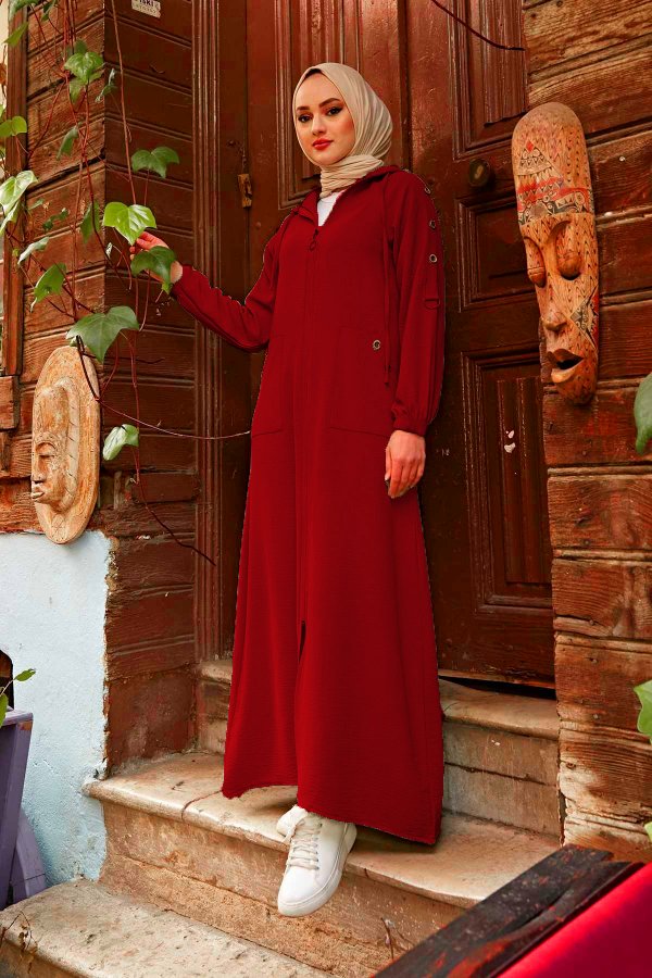 Büyük Beden Kapşonlu Düğme Detaylı Ayrobin Spor Ferace Bordo Büyük Beden Kapşonlu Düğme Detaylı Ayrobin Spor Ferace Bordo