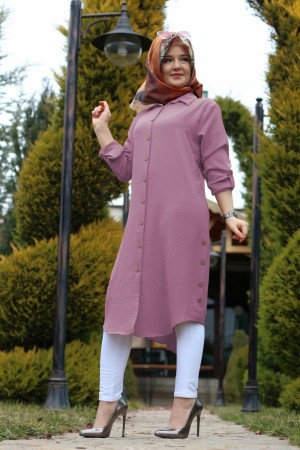 Büyük Beden Yanları Düğme Detaylı Ayrobin Tunik  Gül Kurusu