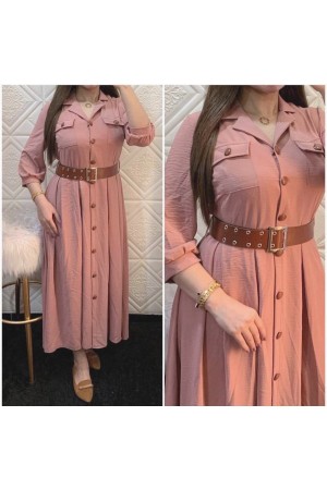 Büyük Beden Kemerli Düğmeli Ayrobin Pileli Elbise  Pudra