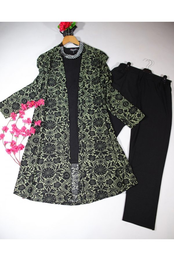 Büyük Beden Desenli Üçlü Takım kimono tunik pantolon Haki Çiçekli Büyük Beden Desenli Üçlü Takım kimono tunik pantolon Haki Çiçekli