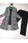 Büyük Beden Desenli Üçlü  Takım  kimono tunik pantolon   Siyah Beyaz Çiçek