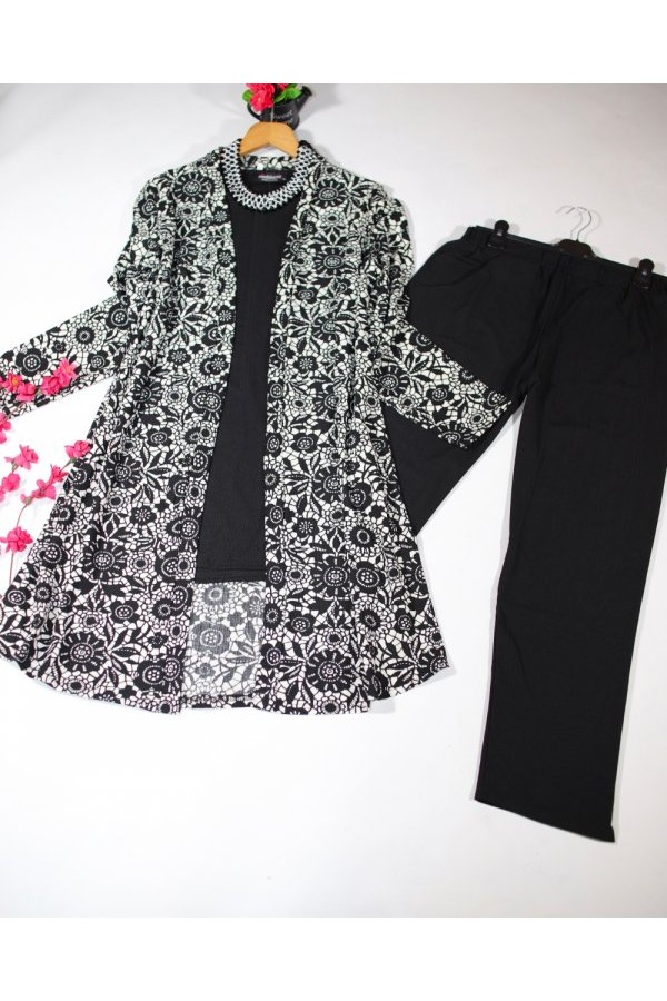 Büyük Beden Desenli Üçlü  Takım  kimono tunik pantolon   Siyah Beyaz Çiçek