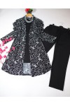 Büyük Beden Desenli Üçlü  Takım  kimono tunik pantolon   Siyah Gri Çiçek
