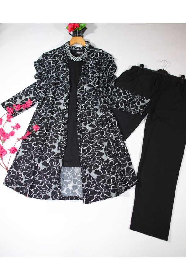 Büyük Beden Desenli Üçlü Takım kimono tunik pantolon Siyah Gri Çiçek Büyük Beden Desenli Üçlü Takım kimono tunik pantolon Siyah Gri Çiçek