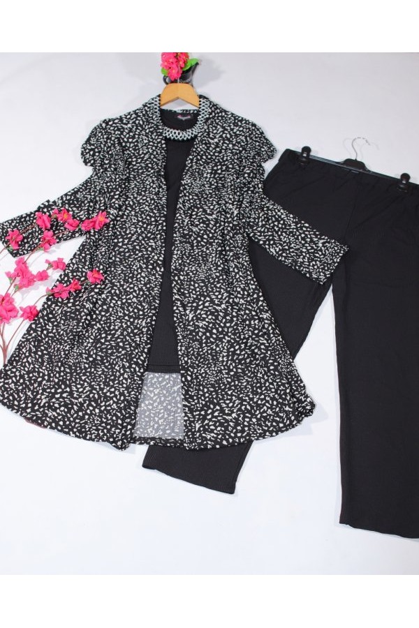 Büyük Beden Desenli Üçlü Takım kimono tunik pantolon Siyah Küçük Leopar Büyük Beden Desenli Üçlü Takım kimono tunik pantolon Siyah Küçük Leopar