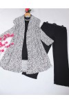 Büyük Beden Desenli Üçlü  Takım  kimono tunik pantolon   Beyaz Küçük Leopar