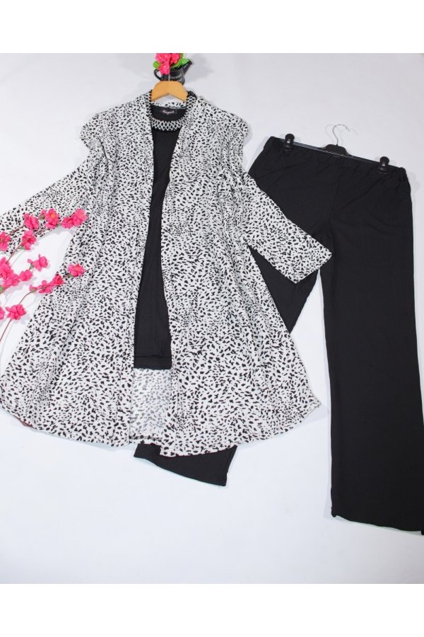 Büyük Beden Desenli Üçlü Takım kimono tunik pantolon Beyaz Küçük Leopar Büyük Beden Desenli Üçlü Takım kimono tunik pantolon Beyaz Küçük Leopar