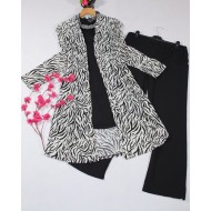 Büyük Beden Desenli Üçlü  Takım  kimono tunik pantolon   Beyaz Çapraz Zebra