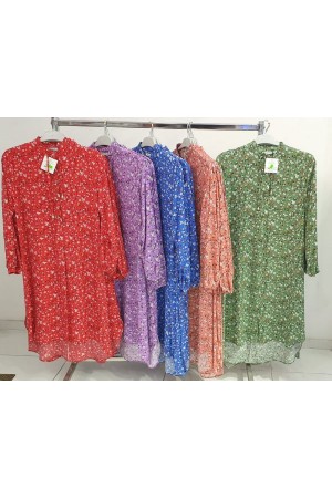 Büyük Beden Desenli Pamuk Viskon Düğmeli Tunik  Çıtır Mavi