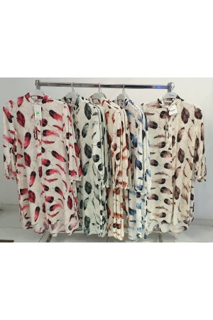 Büyük Beden Desenli Pamuk Viskon Düğmeli Tunik  Kahve Tüy