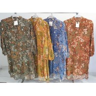 Büyük Beden Desenli Pamuk Viskon Düğmeli Tunik  Serpme Mavi