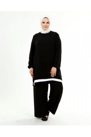 Büyük Beden Beyaz Garni Detaylı Ayrobin İkili Takım  Siyah
