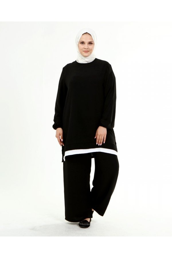 Büyük Beden Beyaz Garni Detaylı Ayrobin İkili Takım Siyah Büyük Beden Beyaz Garni Detaylı Ayrobin İkili Takım Siyah