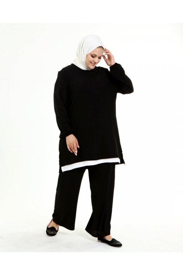 Büyük Beden Beyaz Garni Detaylı Ayrobin İkili Takım Siyah Büyük Beden Beyaz Garni Detaylı Ayrobin İkili Takım Siyah