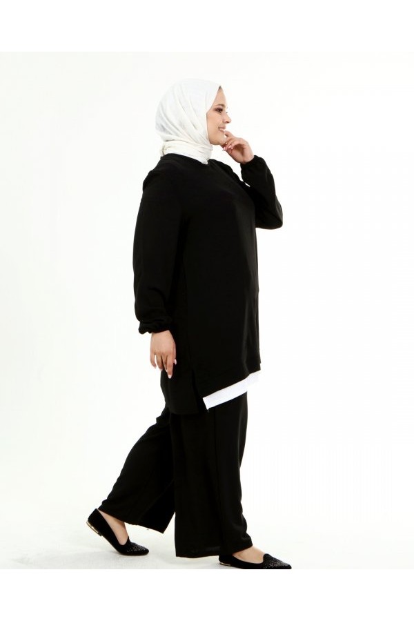 Büyük Beden Beyaz Garni Detaylı Ayrobin İkili Takım Siyah Büyük Beden Beyaz Garni Detaylı Ayrobin İkili Takım Siyah