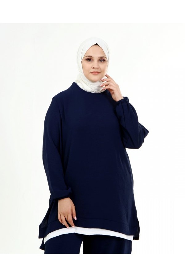 Büyük Beden Beyaz Garni Detaylı Ayrobin İkili Takım Lacivert Büyük Beden Beyaz Garni Detaylı Ayrobin İkili Takım Lacivert