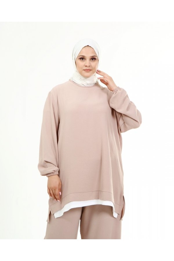 Büyük Beden Beyaz Garni Detaylı Ayrobin İkili Takım  Taş