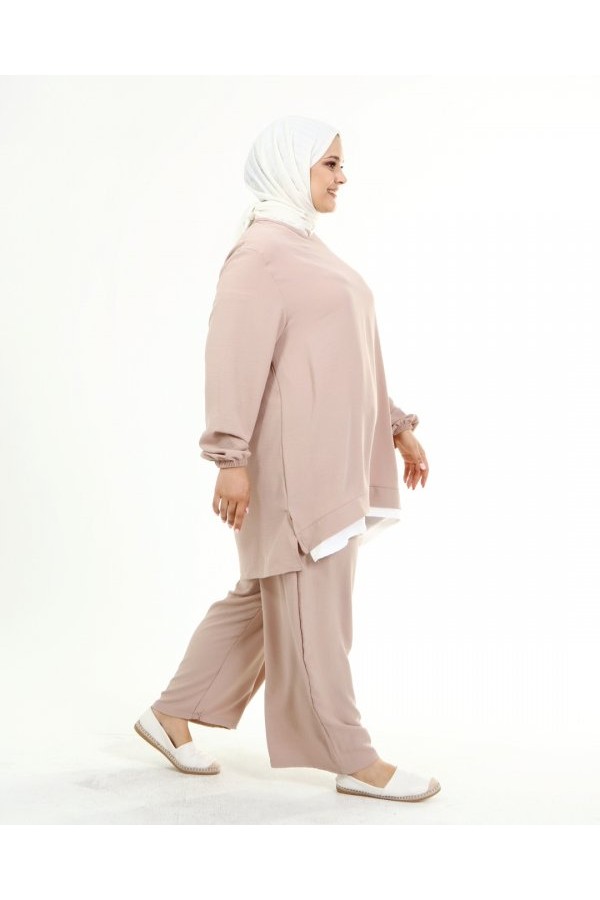 Büyük Beden Beyaz Garni Detaylı Ayrobin İkili Takım  Taş