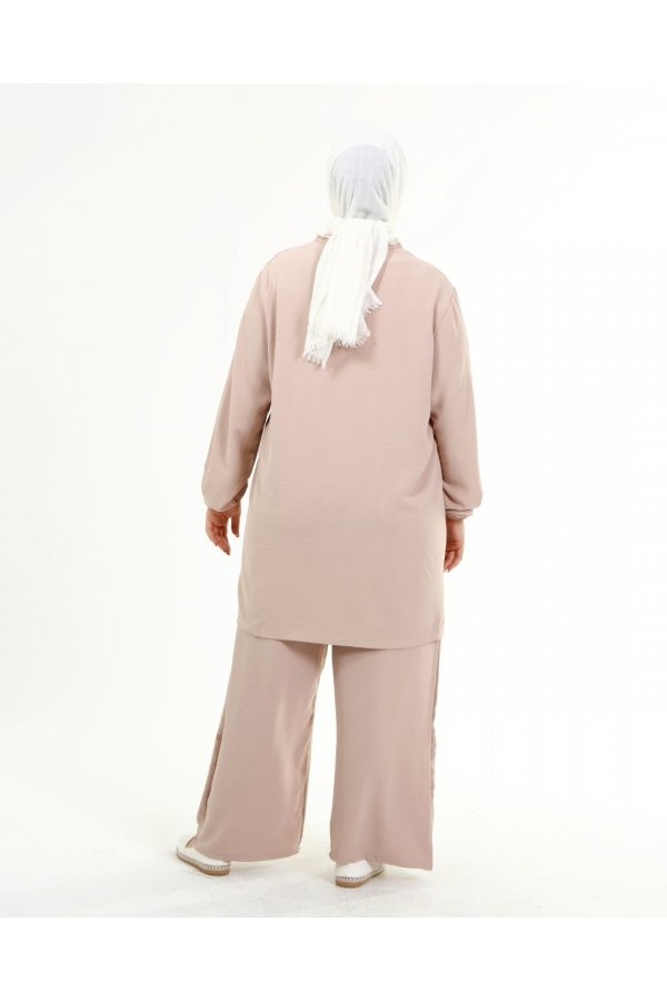 Büyük Beden Beyaz Garni Detaylı Ayrobin İkili Takım  Taş