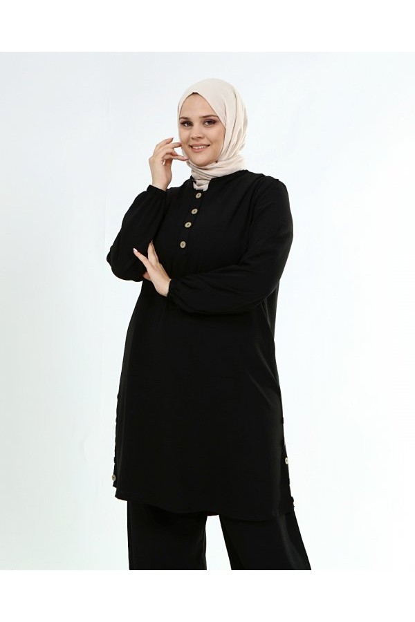 Büyük Beden Ayrobin Düğme Detaylı İkili Takım Siyah Büyük Beden Ayrobin Düğme Detaylı İkili Takım Siyah