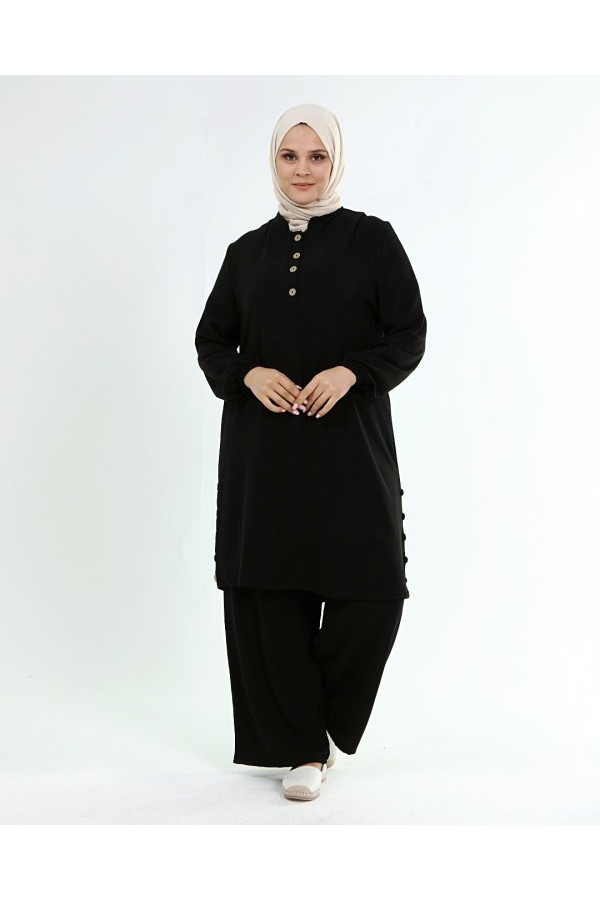 Büyük Beden Ayrobin Düğme Detaylı İkili Takım Siyah Büyük Beden Ayrobin Düğme Detaylı İkili Takım Siyah