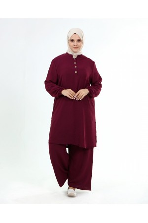 Büyük Beden Ayrobin Düğme Detaylı İkili Takım  Mürdüm