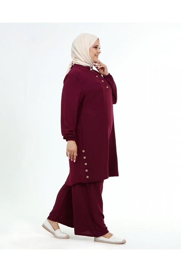 Büyük Beden Ayrobin Düğme Detaylı İkili Takım Mürdüm Büyük Beden Ayrobin Düğme Detaylı İkili Takım Mürdüm