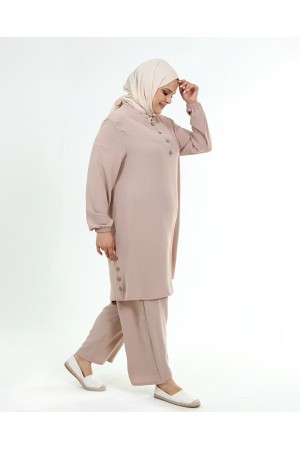 Büyük Beden Ayrobin Düğme Detaylı İkili Takım  Taş