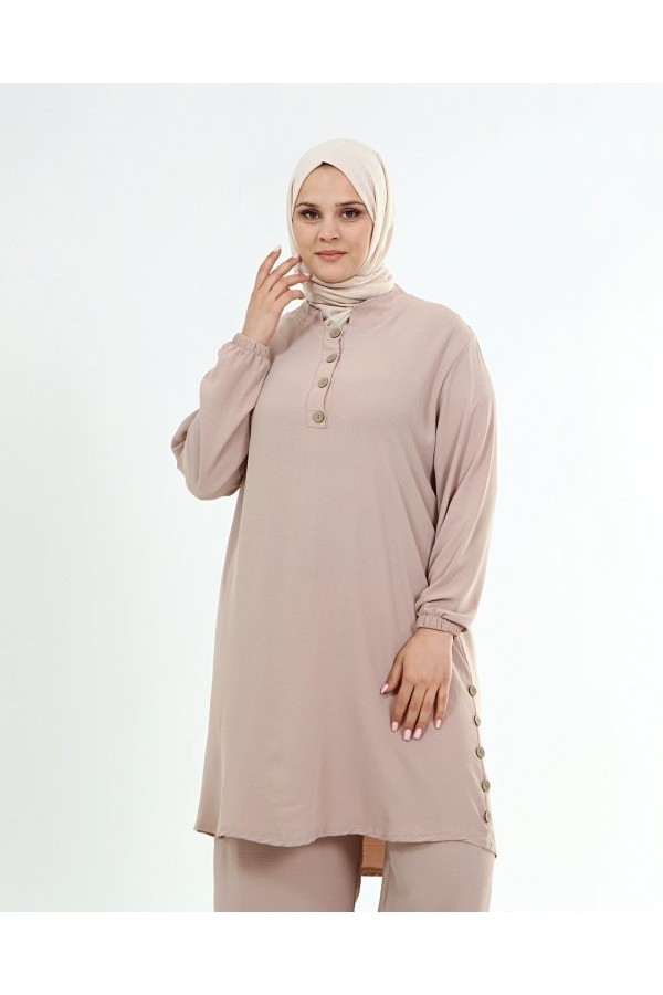 Büyük Beden Ayrobin Düğme Detaylı İkili Takım  Taş