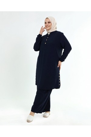 Büyük Beden Ayrobin Düğme Detaylı İkili Takım  Lacivert