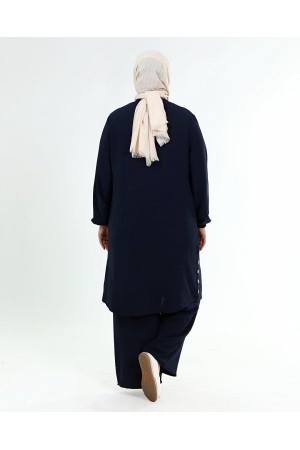 Büyük Beden Ayrobin Düğme Detaylı İkili Takım  Lacivert