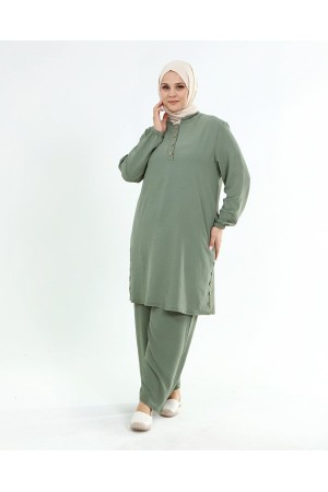 Büyük Beden Ayrobin Düğme Detaylı İkili Takım  Çağla