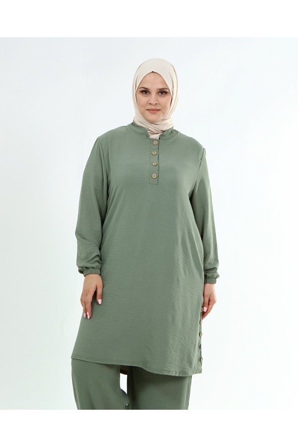 Büyük Beden Ayrobin Düğme Detaylı İkili Takım  Çağla