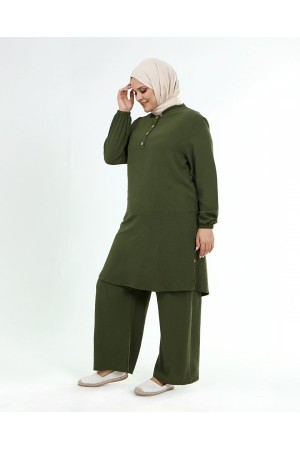 Büyük Beden Ayrobin Düğme Detaylı İkili Takım  Haki