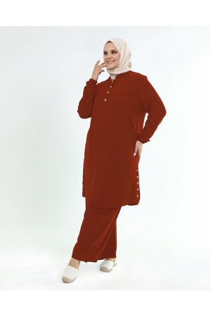 Büyük Beden Ayrobin Düğme Detaylı İkili Takım  Kiremit