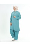 Büyük Beden Ayrobin Düğme Detaylı İkili Takım  Su Yeşili