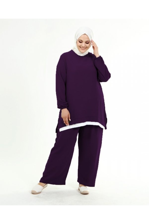 Büyük Beden Beyaz Garni Detaylı Ayrobin İkili Takım Mor Büyük Beden Beyaz Garni Detaylı Ayrobin İkili Takım Mor
