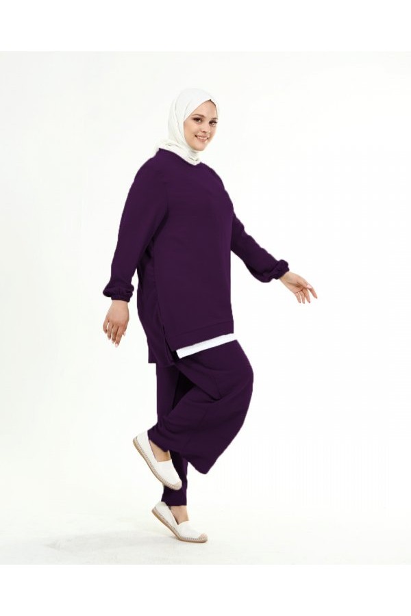 Büyük Beden Beyaz Garni Detaylı Ayrobin İkili Takım Mor Büyük Beden Beyaz Garni Detaylı Ayrobin İkili Takım Mor