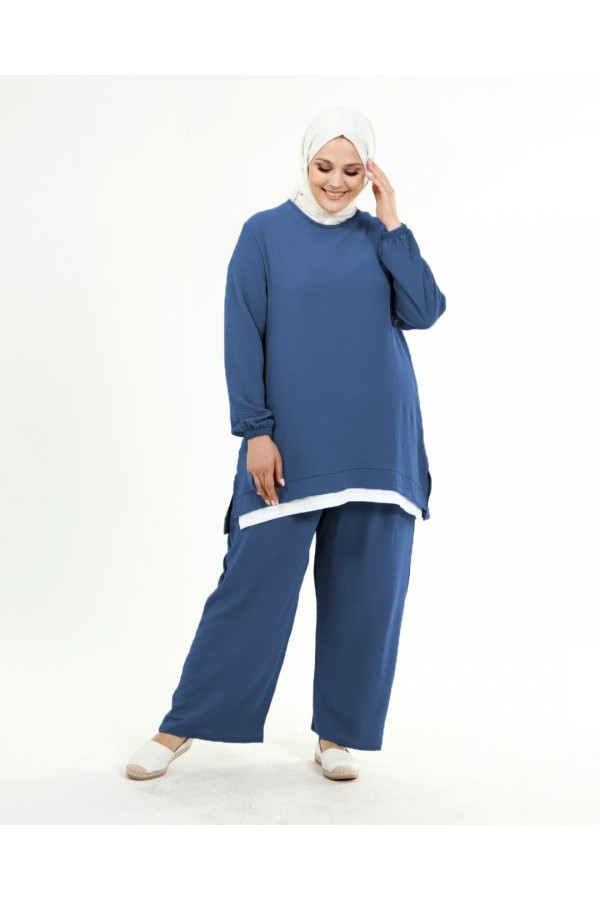 Büyük Beden Beyaz Garni Detaylı Ayrobin İkili Takım  Petrol Mavi