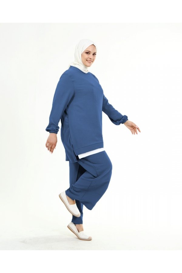 Büyük Beden Beyaz Garni Detaylı Ayrobin İkili Takım  Petrol Mavi