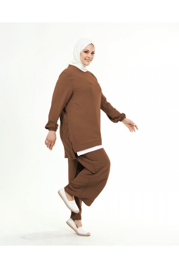 Büyük Beden Beyaz Garni Detaylı Ayrobin İkili Takım Taba Büyük Beden Beyaz Garni Detaylı Ayrobin İkili Takım Taba