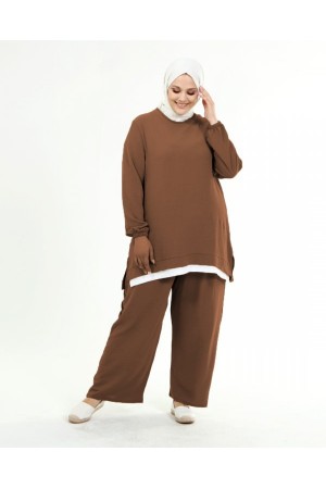 Büyük Beden Beyaz Garni Detaylı Ayrobin İkili Takım Taba Büyük Beden Beyaz Garni Detaylı Ayrobin İkili Takım Taba